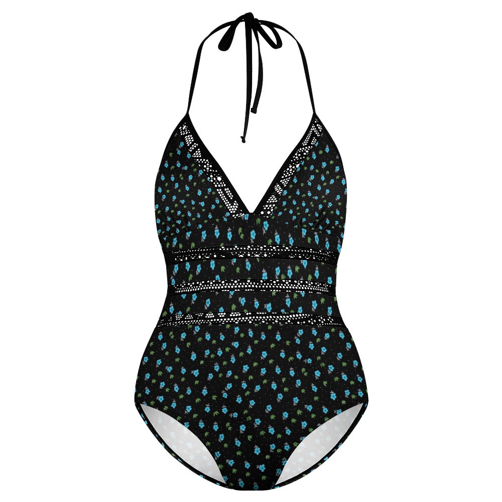 Little Blue Flowers Plus size One-piece bikini swimsuit. Pattern hand-painted by the Designer Maria Alejandra Echenique