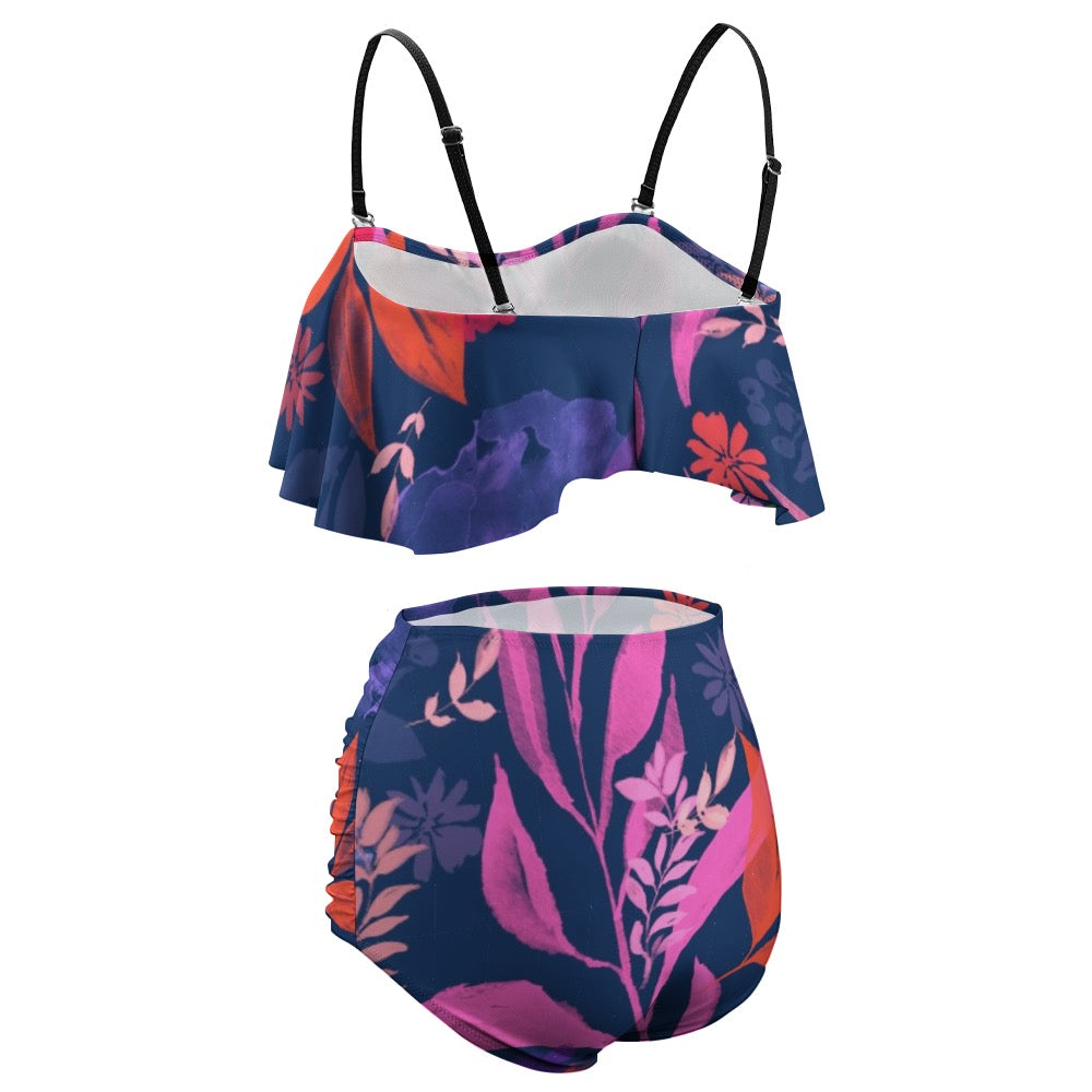 Multicolor Flowers Blue Loose Top Bikini Swimsuit. Design hand-painted by the Designer Maria Alejandra Echenique