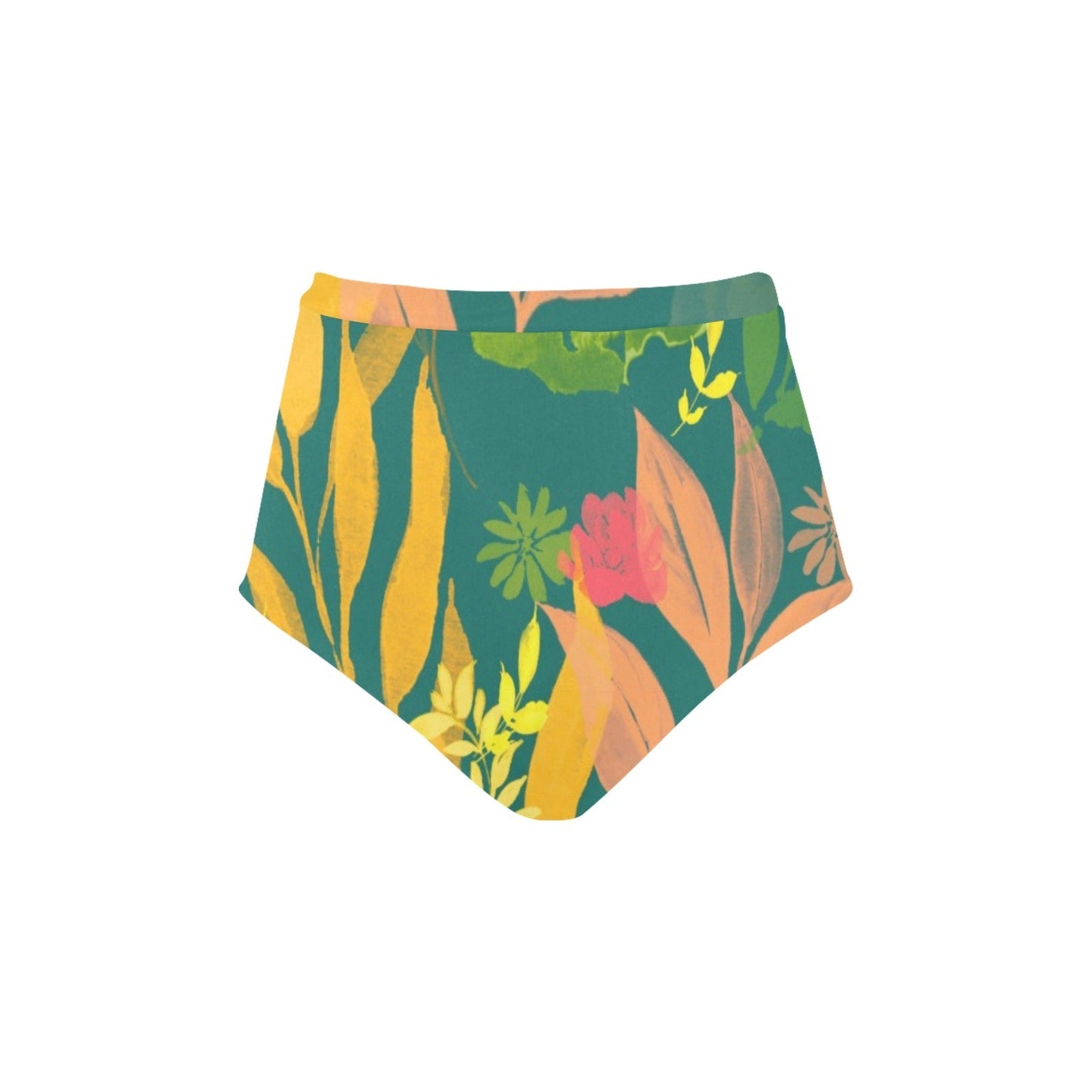 Multicolor Flowers Green High-Waisted Bikini Bottom. Design hand-painted by the Designer Maria Alejandra Echenique
