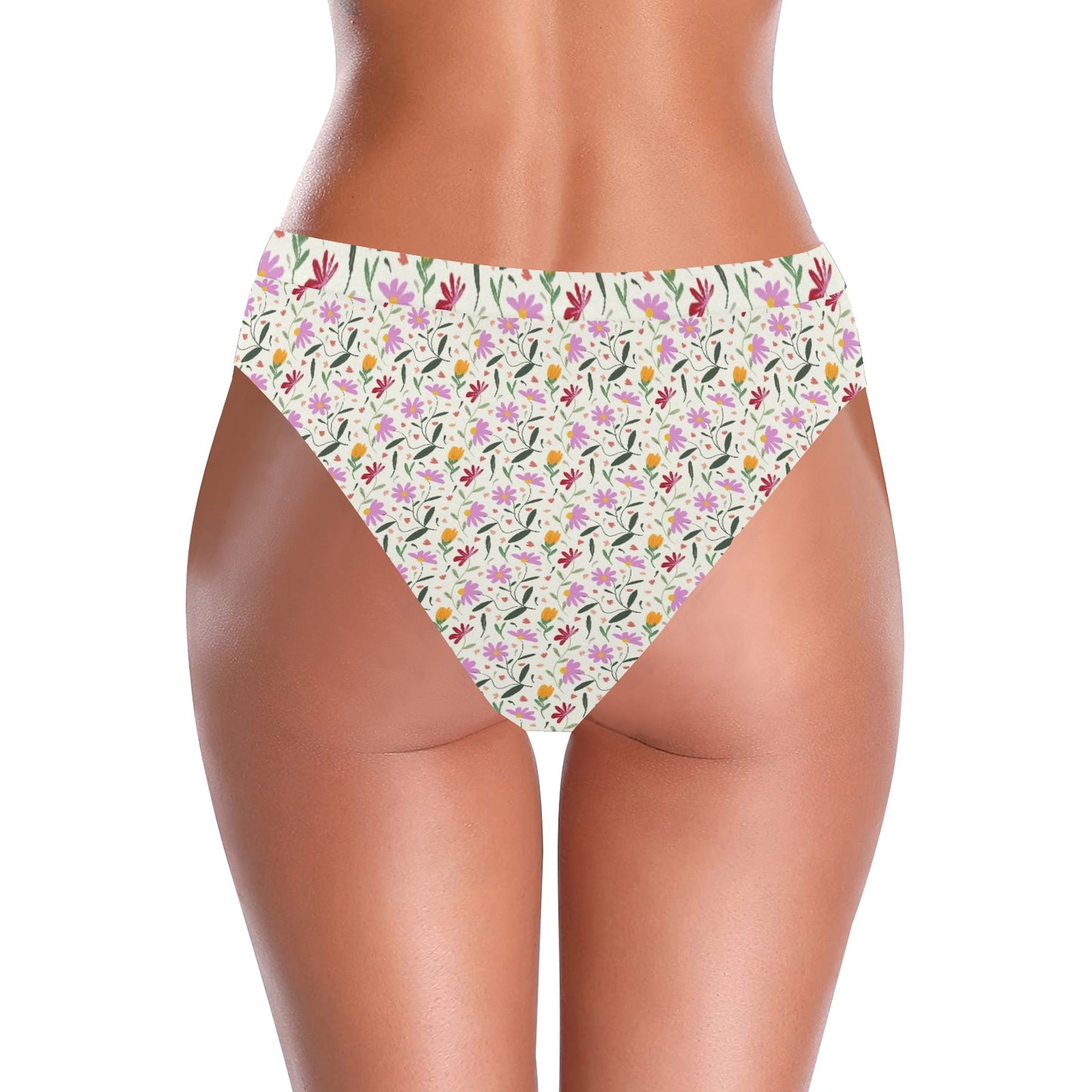 Botanical Flowers High-Waisted High-Cut Bikini Bottom. Pattern hand-painted by the Designer Maria Alejandra Echenique