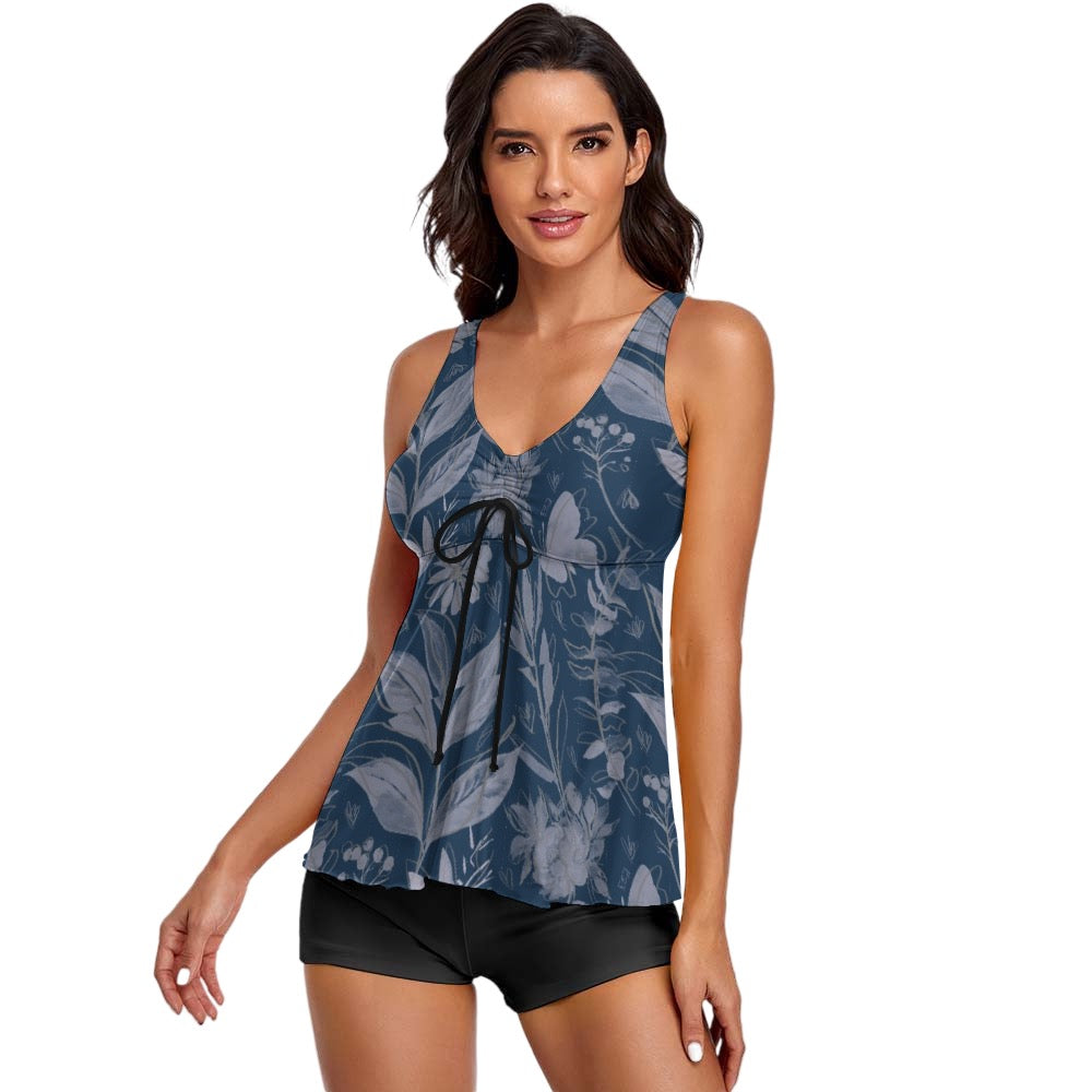 Watercolor Blue & White Sleeveless Comfortable Split Swimwear. Houston collection. Design hand-painted by the Designer Maria Alejandra Echenique