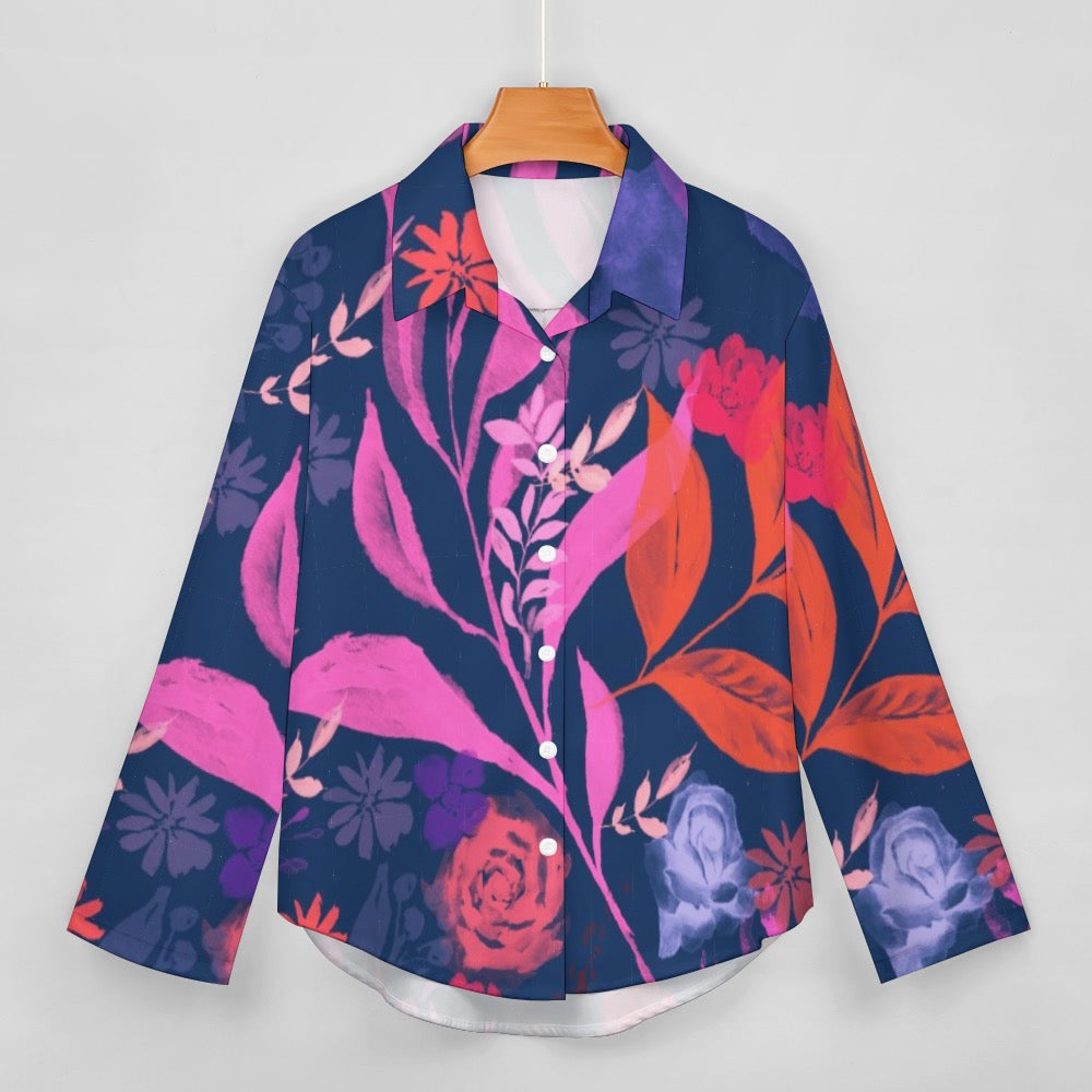 Multicolor Flowers Blue Cropped hem shirt. Houston Collection. Design hand-painted by the Designer Maria Alejandra Echenique