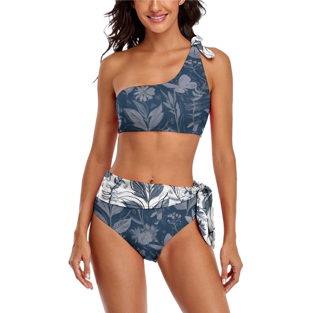 Watercolor Blue Two Piece Sexy One Shoulder Bikini Swimsuit. Houston Collection. Design hand-painted by the Designer Maria Alejandra Echenique