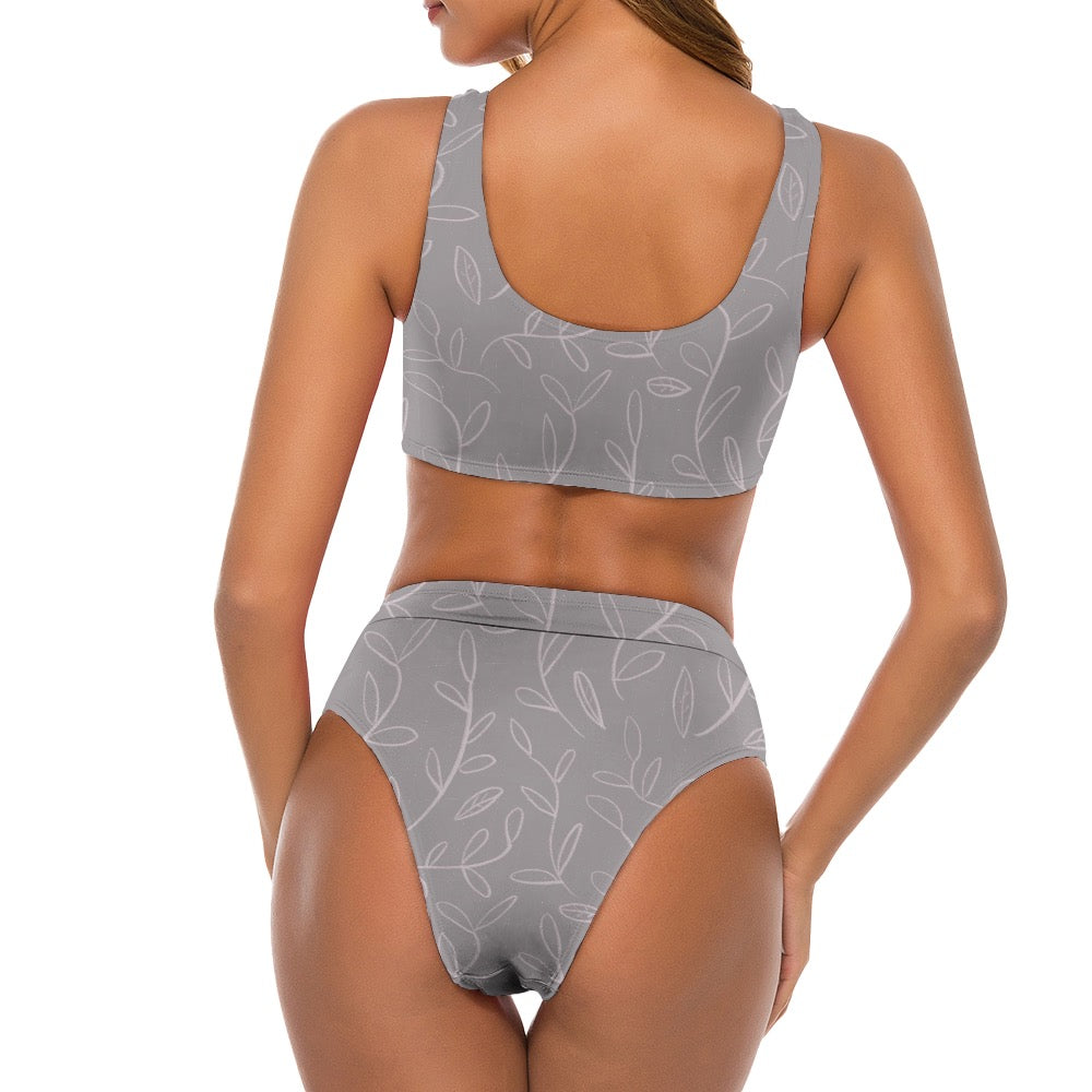 Super Bloom Grey leaves Bikini Swimsuit. Bathing suit. Pattern hand-painted by the Designer Maria Alejandra Echenique
