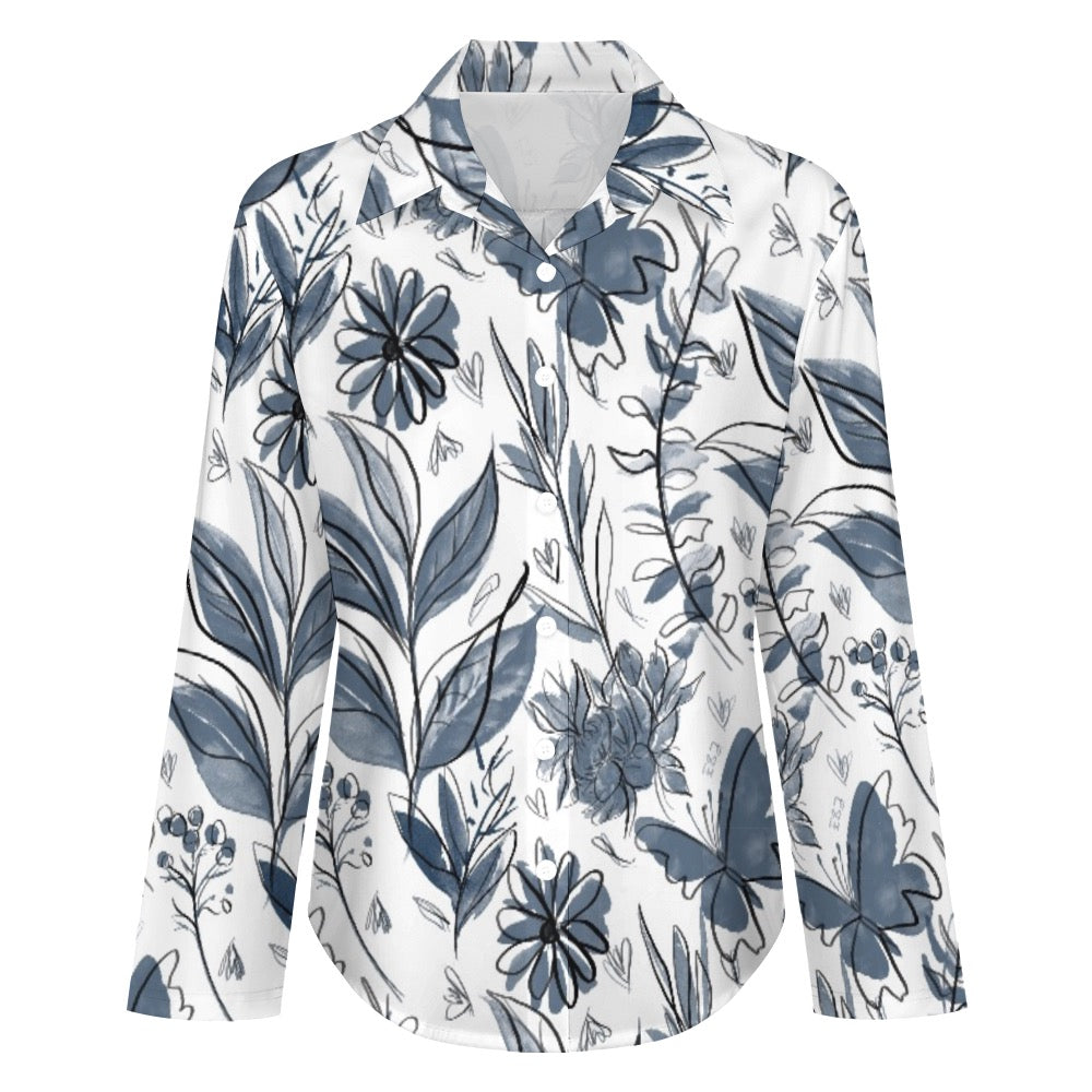Multicolor Flowers Blue Cropped hem shirt. Houston Collection. Design hand-painted by the Designer Maria Alejandra Echenique