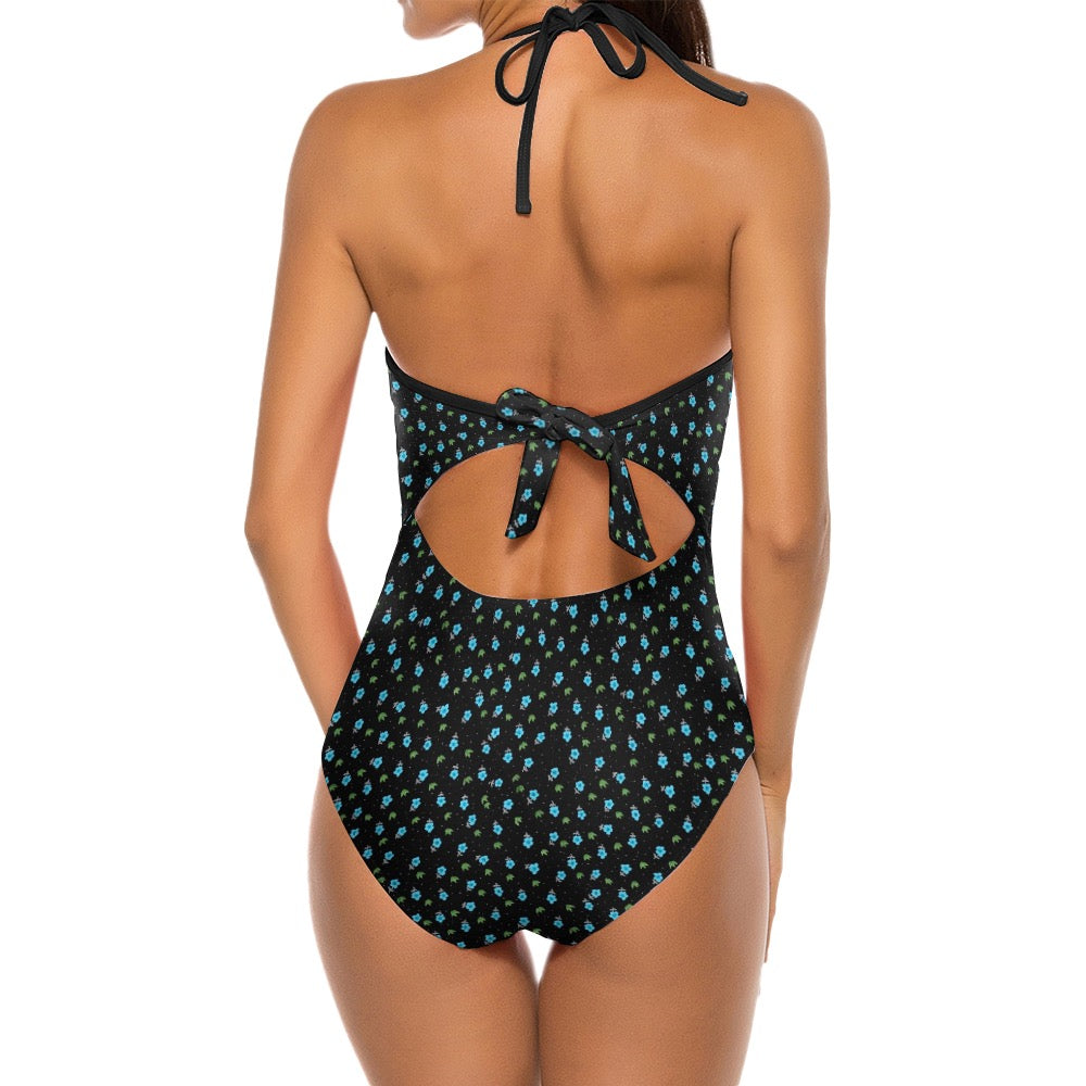 Super Bloom Collection Black One-Piece Bikini Swimwear. Pattern hand-painted by the Designer Maria Alejandra Echenique