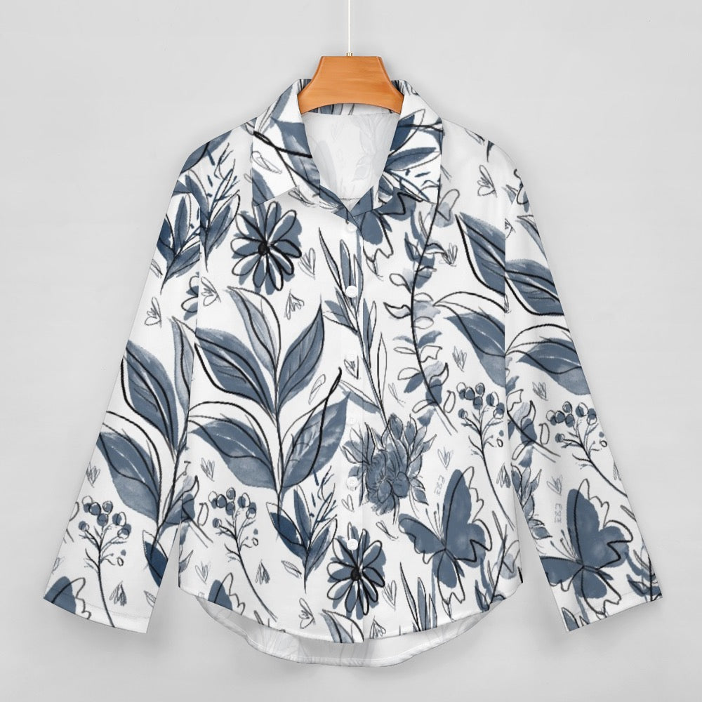 Multicolor Flowers Blue Cropped hem shirt. Houston Collection. Design hand-painted by the Designer Maria Alejandra Echenique