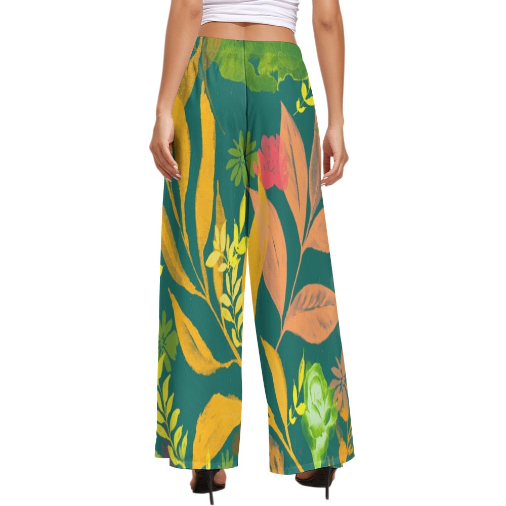 Multicolor Flowers Green Women's Wide Leg Pants. Houston collection. Design hand-painted by the Designer Maria Alejandra Echenique