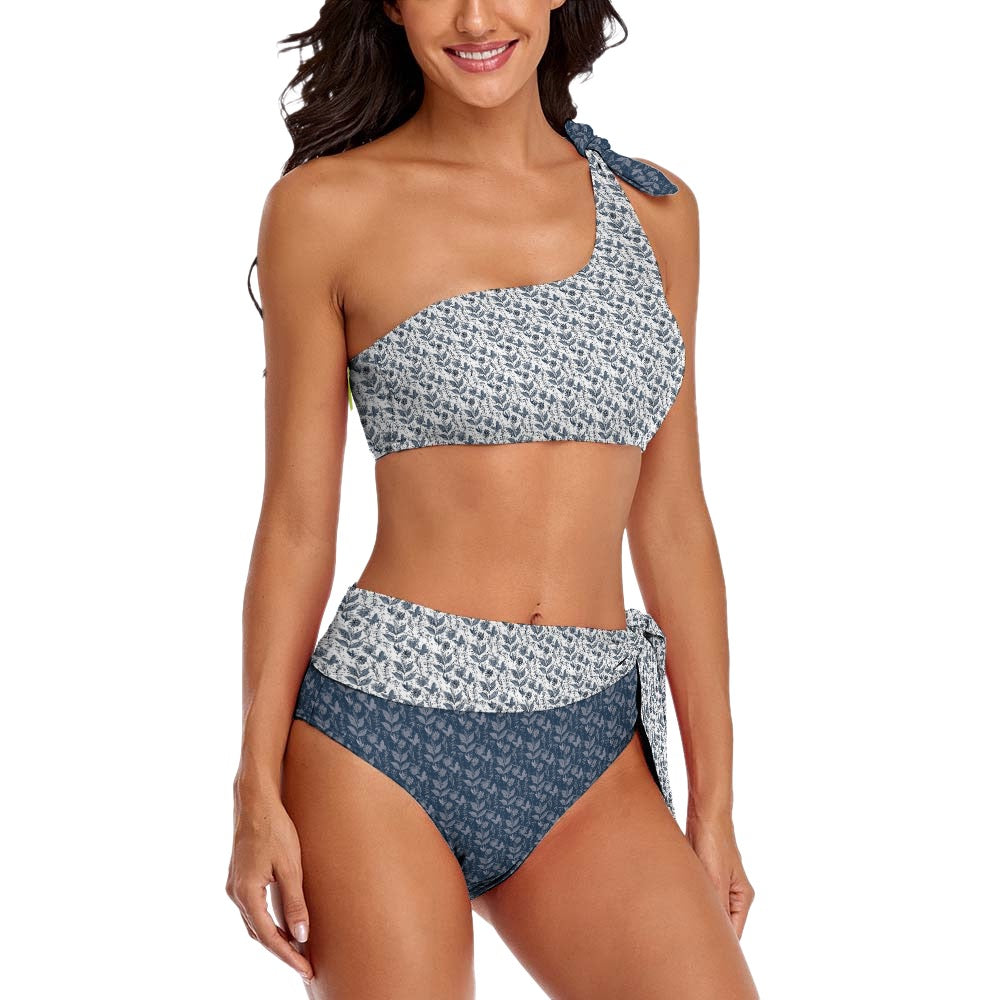 Watercolor Blue and White Two Pieces One Shoulder Bikini Swimsuit. Houston Collection. Design hand-painted by the Designer Maria Alejandra Echenique
