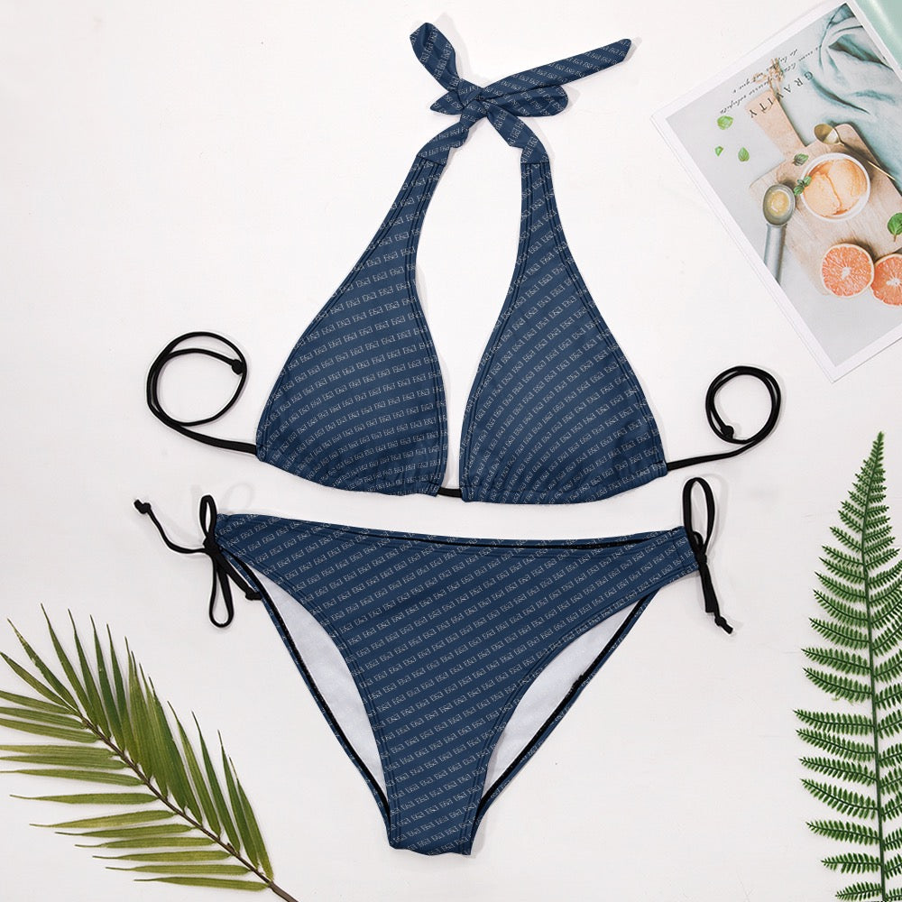 Watercolor Blue & white V-Neck Bikini Swimsuit. Houston Collection. Design hand-painted by the Designer Maria Alejandra Echenique