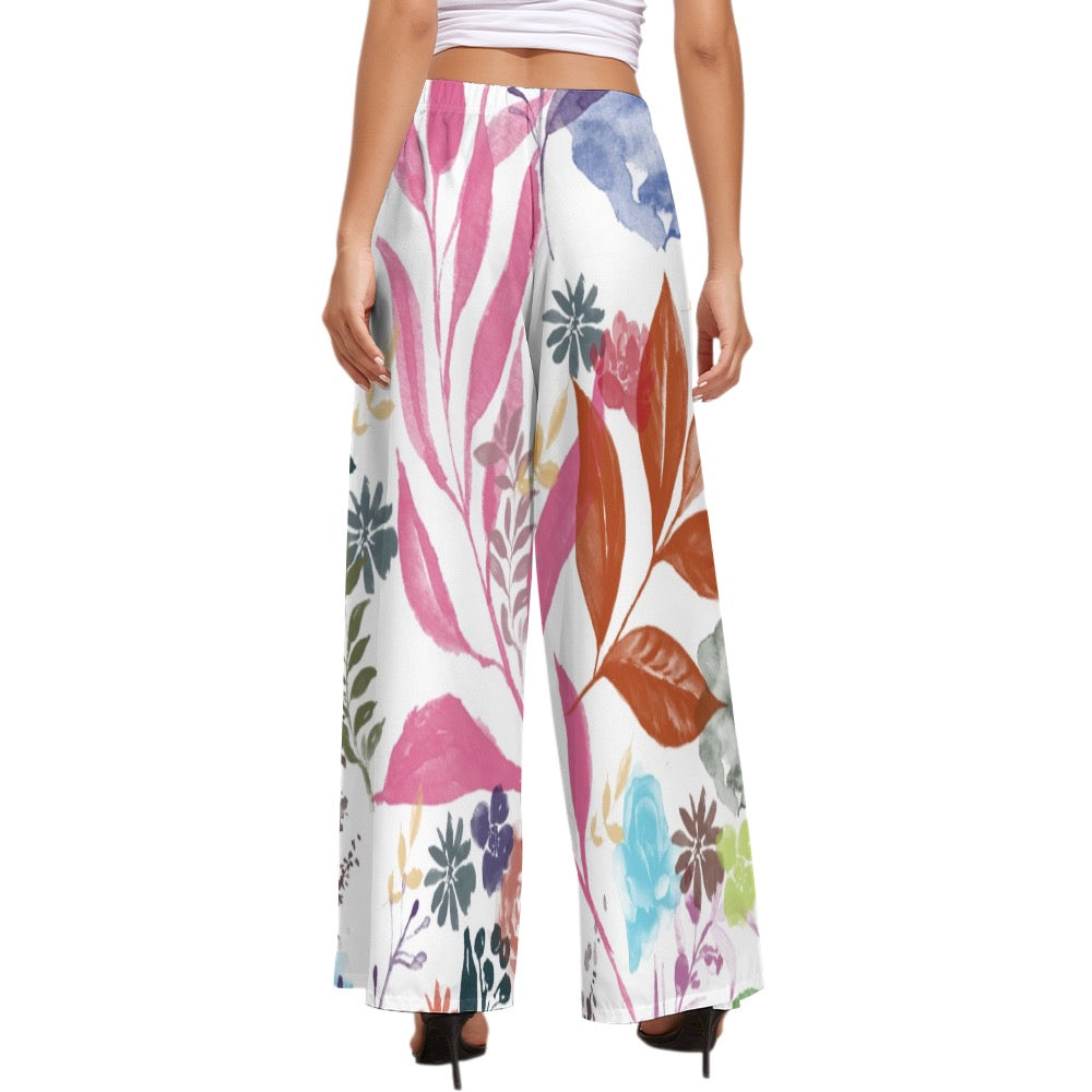 Multicolor Flowers Green Women's Wide Leg Pants. Houston collection. Design hand-painted by the Designer Maria Alejandra Echenique