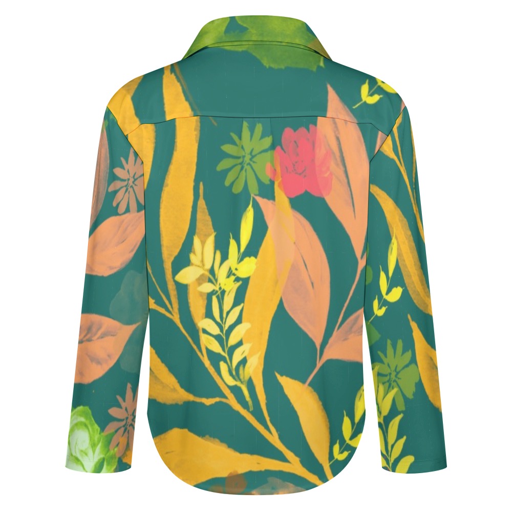 Multicolor Flowers Blue Cropped hem shirt. Houston Collection. Design hand-painted by the Designer Maria Alejandra Echenique