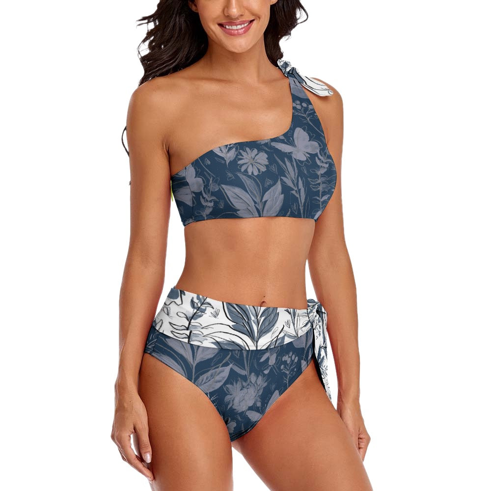 Watercolor Blue Two Piece Sexy One Shoulder Bikini Swimsuit. Houston Collection. Design hand-painted by the Designer Maria Alejandra Echenique