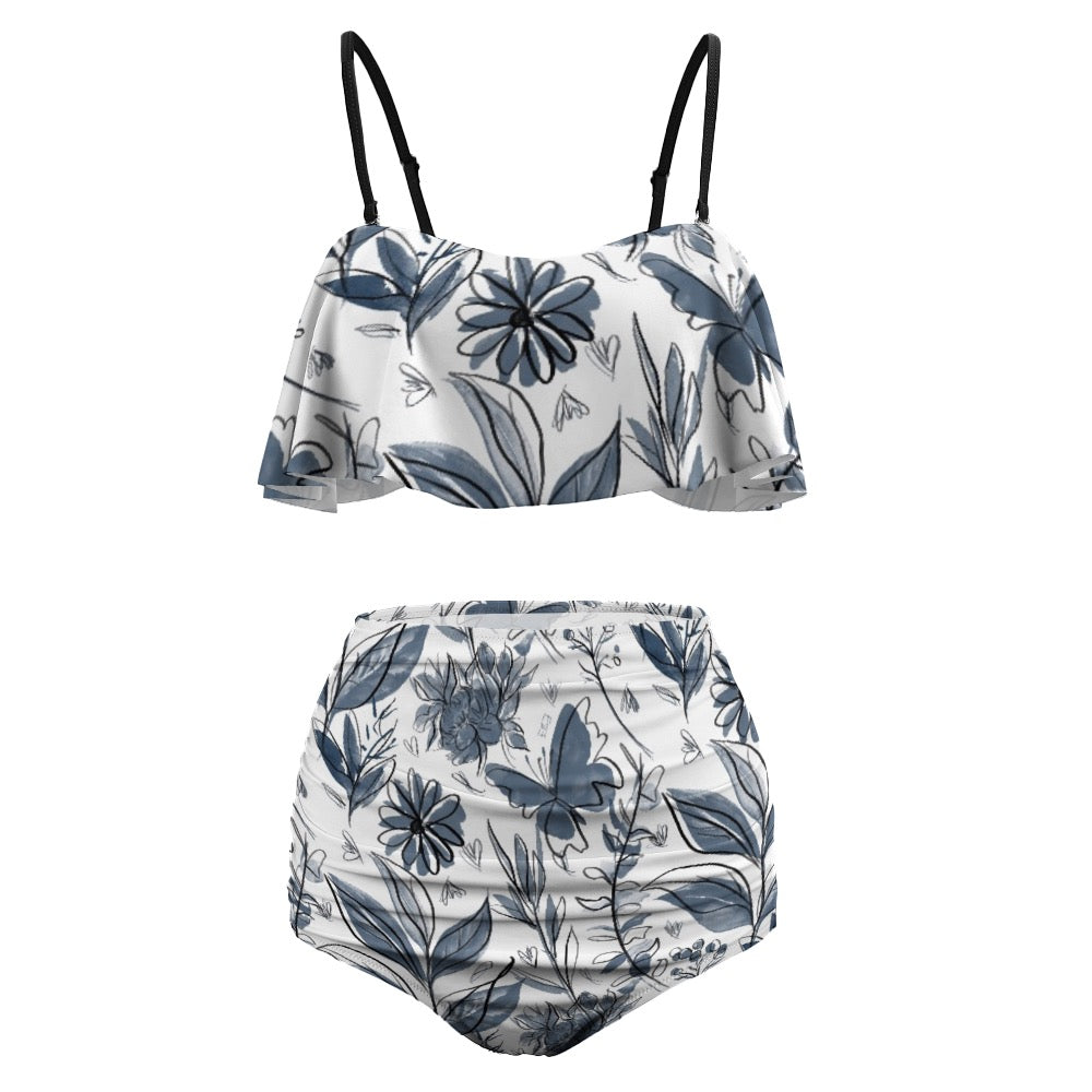 Multicolor Flowers Blue Loose Top Bikini Swimsuit. Design hand-painted by the Designer Maria Alejandra Echenique