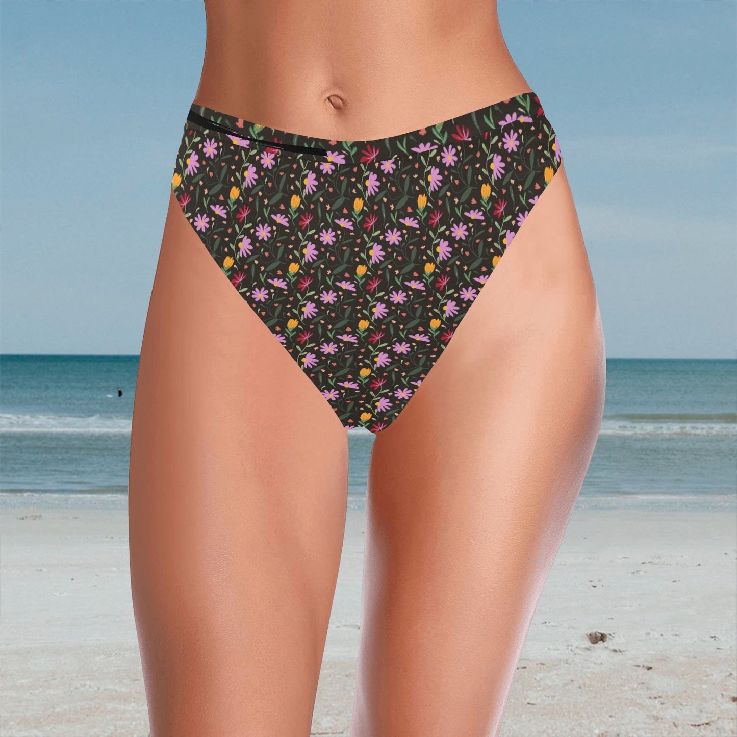 Botanical Flowers High-Waisted High-Cut Bikini Bottom. Pattern hand-painted by the Designer Maria Alejandra Echenique