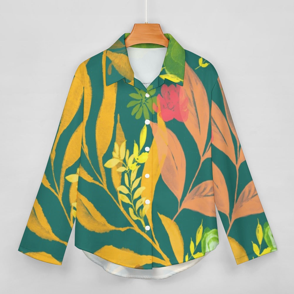 Multicolor Flowers Blue Cropped hem shirt. Houston Collection. Design hand-painted by the Designer Maria Alejandra Echenique
