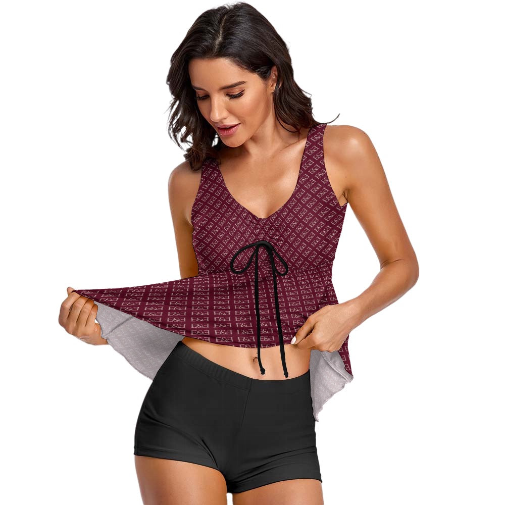 E&E Signature Red-wine Sleeveless Comfortable Split Swimwear. Bathing Suit. Cover-up.