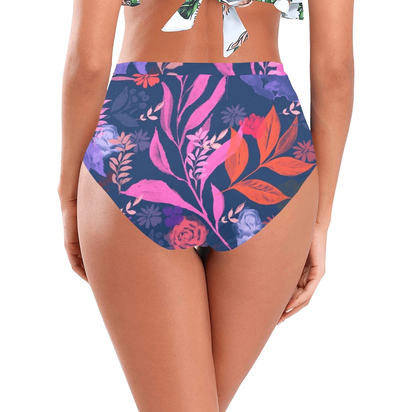 Multicolor Flowers Green High-Waisted Bikini Bottom. Design hand-painted by the Designer Maria Alejandra Echenique
