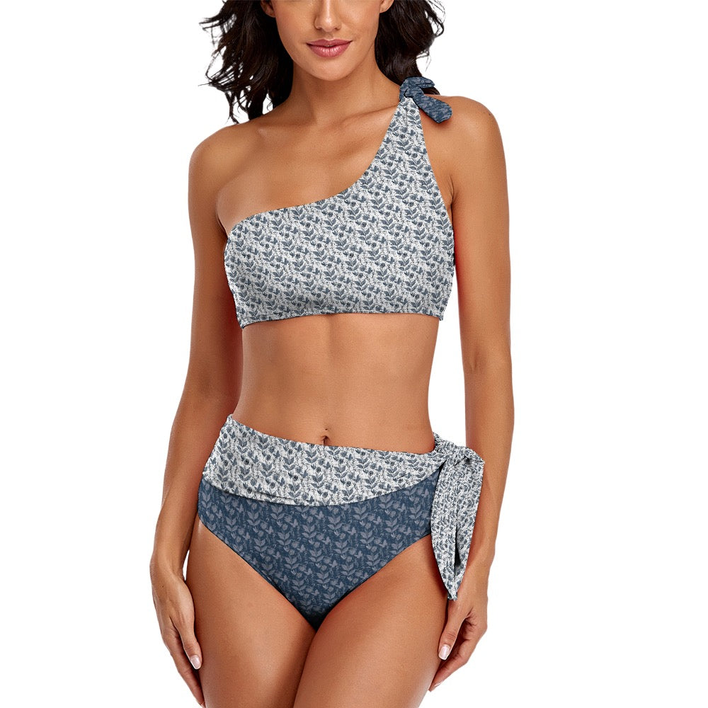 Watercolor Blue and White Two Pieces One Shoulder Bikini Swimsuit. Houston Collection. Design hand-painted by the Designer Maria Alejandra Echenique