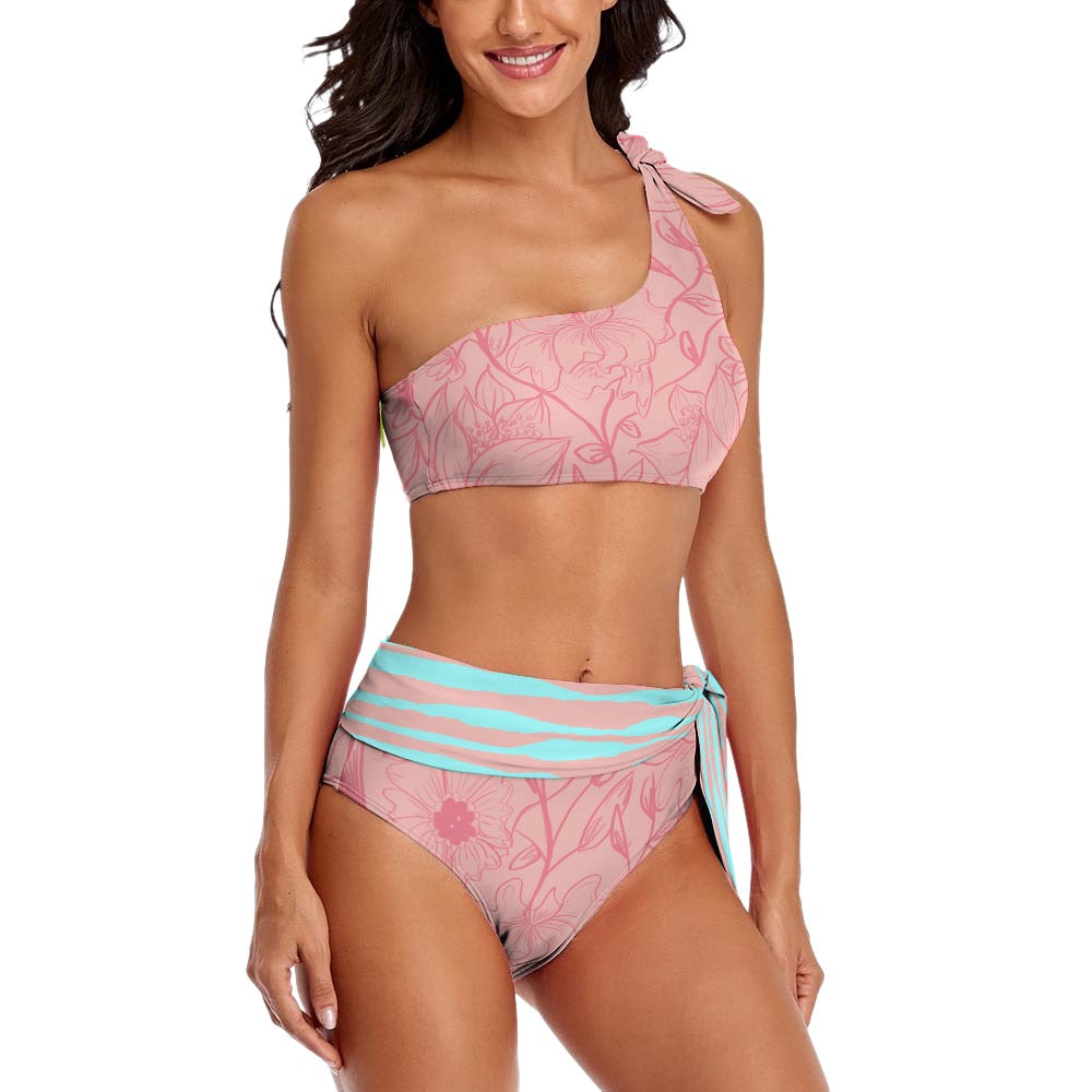 Pink and Light Blue Chic One-Shoulder Knotted Bikini Swimsuit. Miami Collection