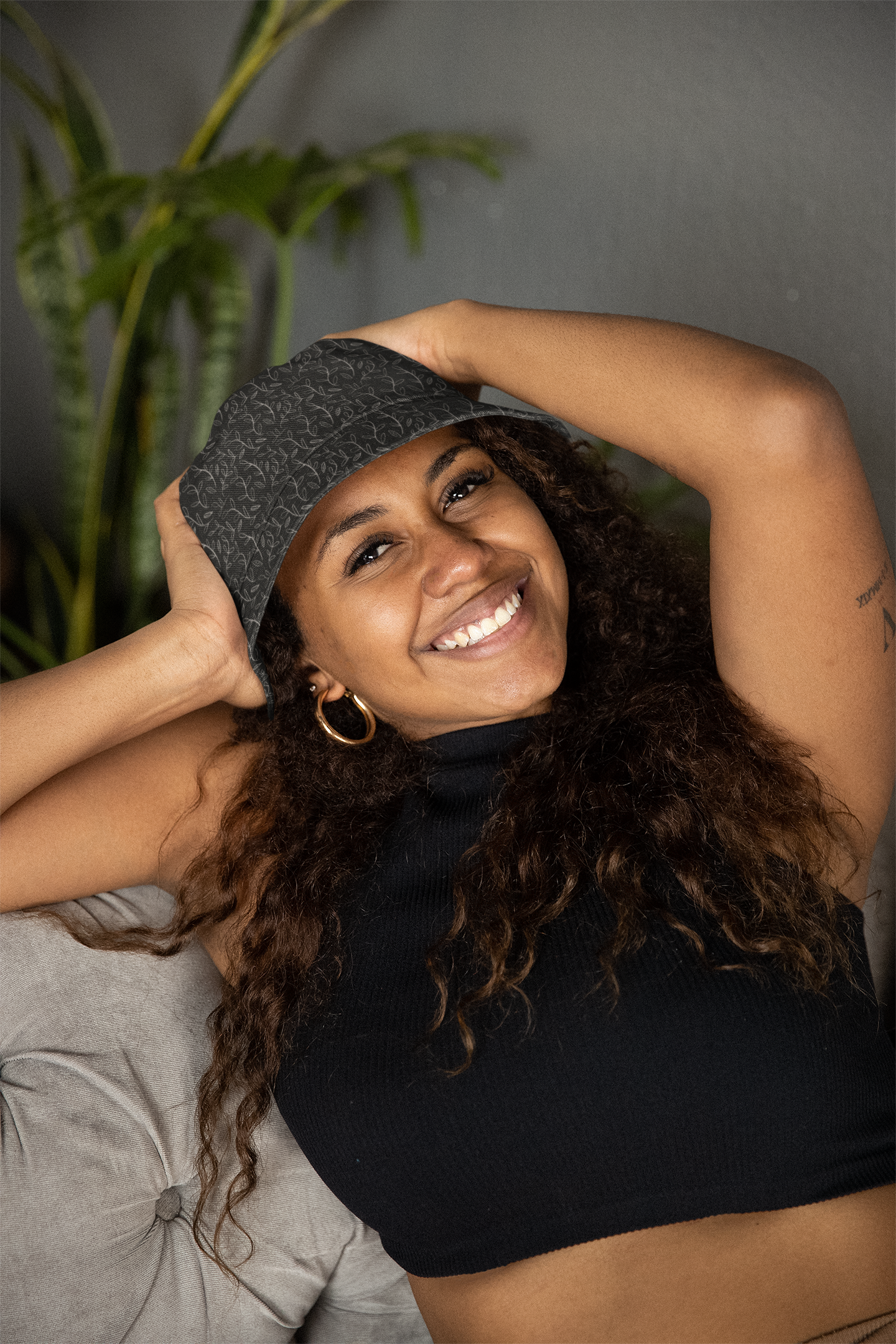 Super Bloom Collection Black & Grey Beige leaves Fisherman Hat. Design hand-painted by the Designer Maria Echenique