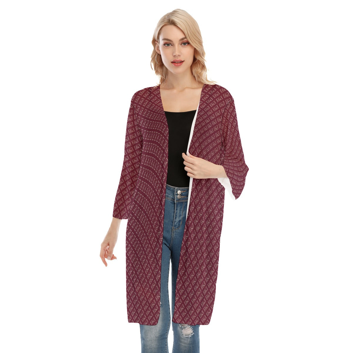 E&E Signature Red-Wine V-neck Mesh Cardigan.