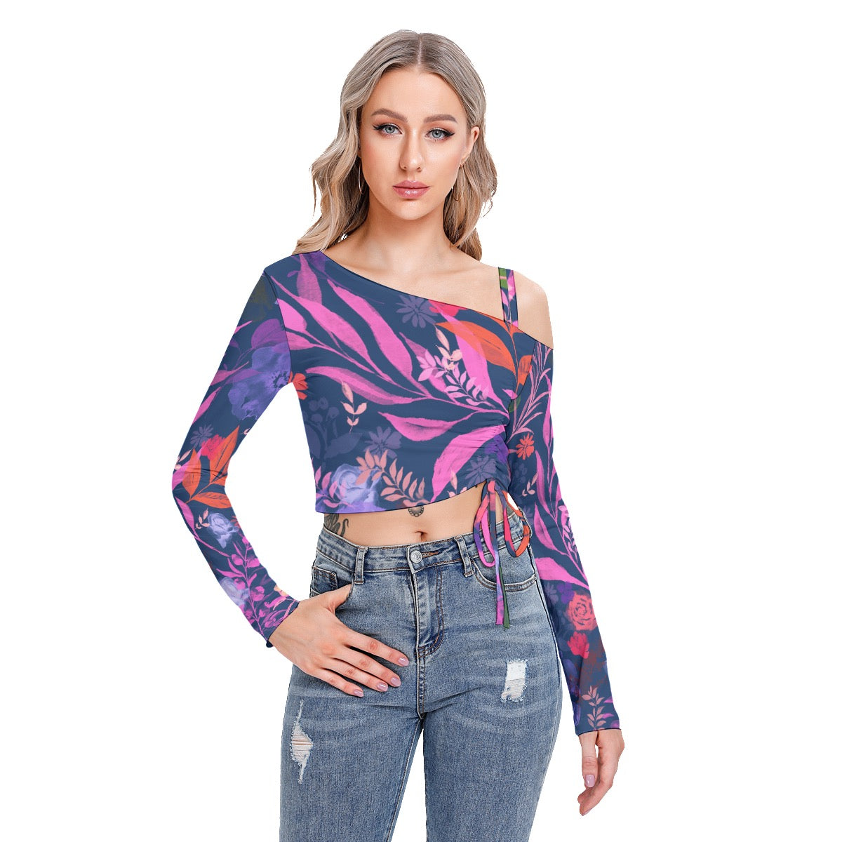 Multicolor flowers Blue Women's One-shoulder Blouse With Drawstring. Houston Collection. Design hand-painted by the Designer Maria Alejandra Echenique