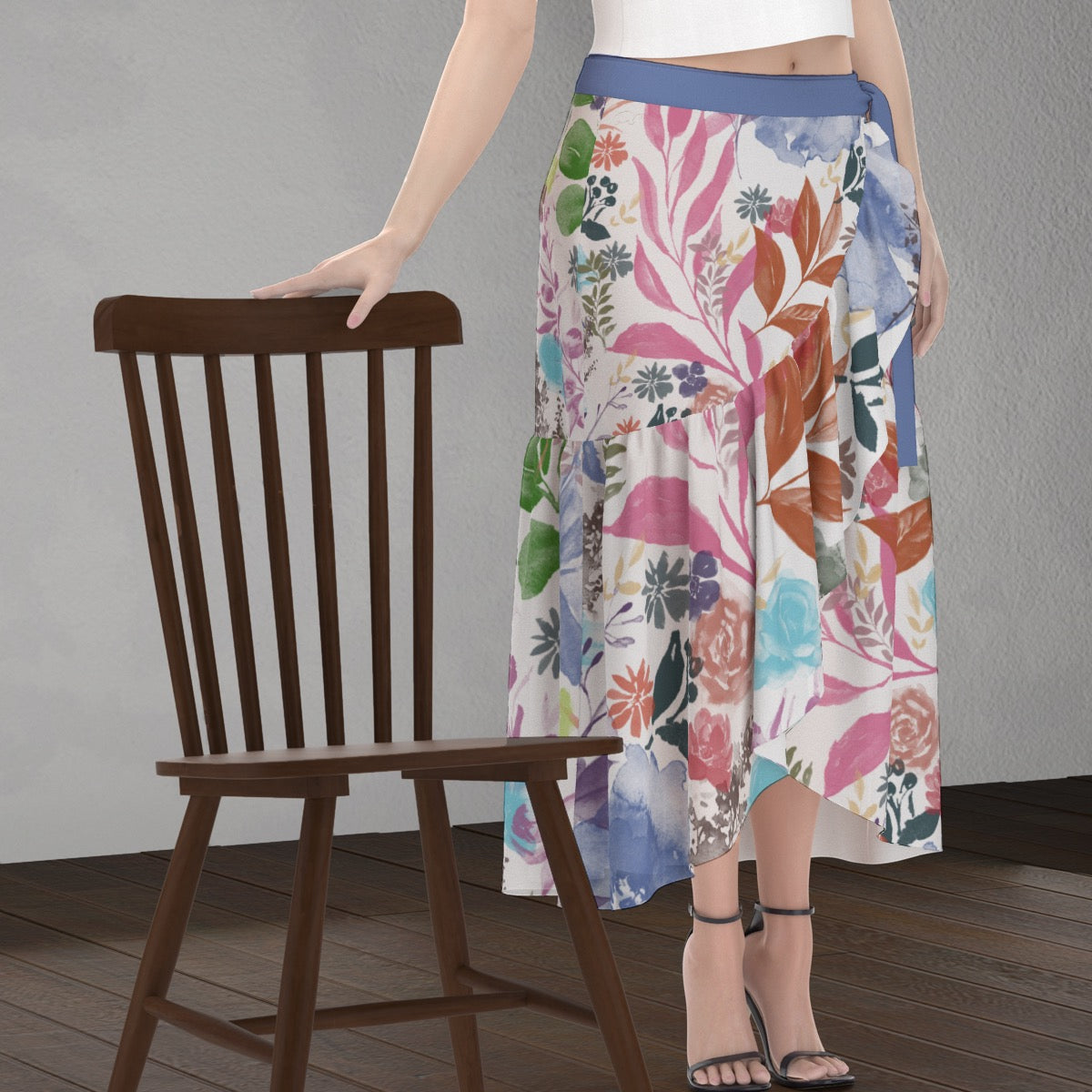 Multicolor Flowers White Wrap Skirt. Design hand-painted by the Designer Maria Alejandra Echenique