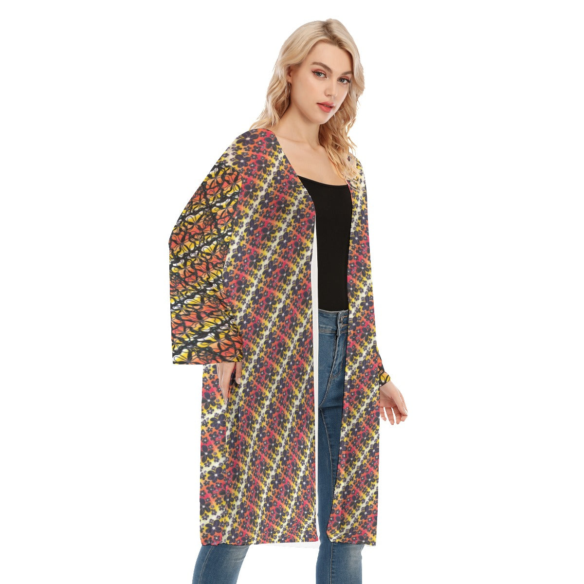 Degrade Flowers Long Sleeve Mesh Cardigan. Mesh kimono. cover up. Design hand-painted by the Designe