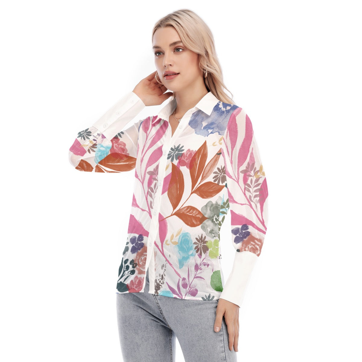 Multicolor Flowers White Women's Mesh Blouse. Design hand-painted by the Designer Maria Alejandra Ec