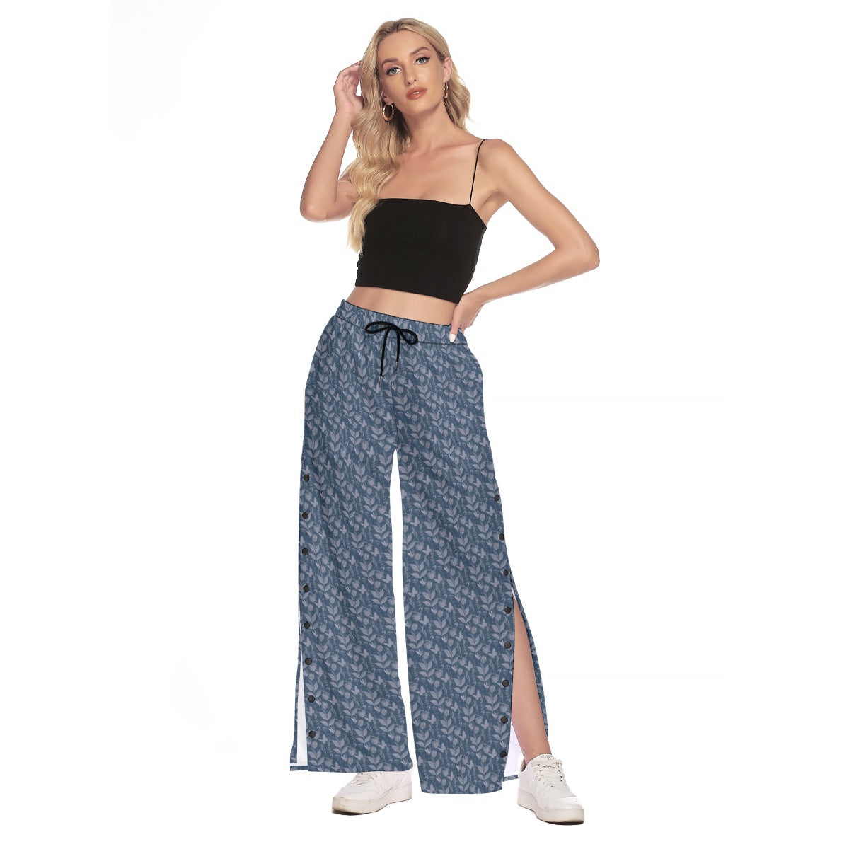 Watercolor Blue Side Slit Snap Button Trousers. Houston Collection. Design hand-painted by the Designer Maria Alejandra Echenique