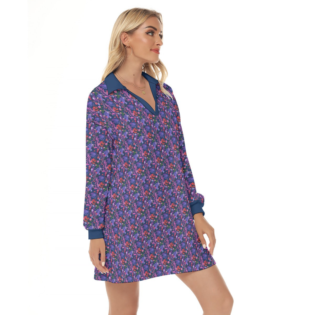Multicolor Flowers Blue Long Sleeves Blouse. Design hand-painted by the Designer Maria Alejandra Echenique
