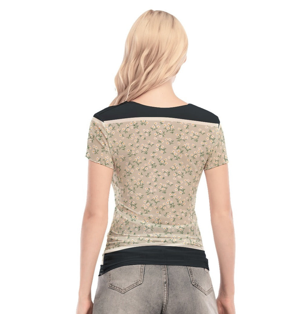 Super Bloom Collection Women's Short Sleeve Mesh Blouse. Pattern hand-painted by the Designer Maria Alejandra Echenique