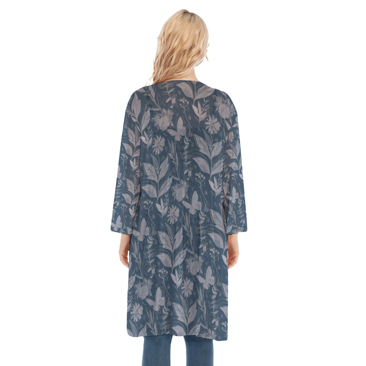 Watercolor Blue V-neck Mesh Cardigan. Mesh Kimono. Houston Collection. Design hand-painted by the Designer Maria Alejand