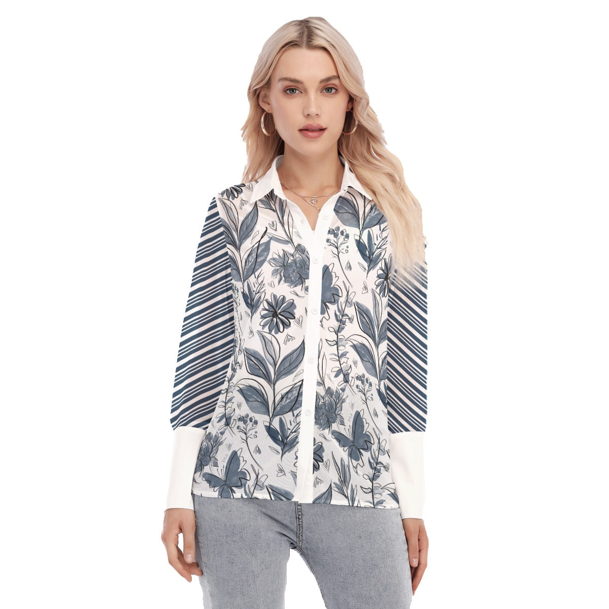 Watercolor blue and white Women's Mesh Blouse. Design hand-painted by the Designer Maria Alejandra E