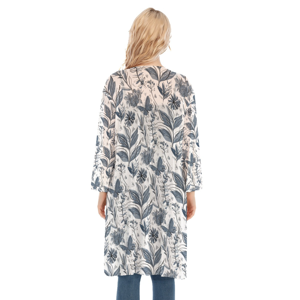 Watercolor White and Blue V-neck Mesh Cardigan. Houston collection. Design hand-painted by the Designer Maria Alejandra Echenique
