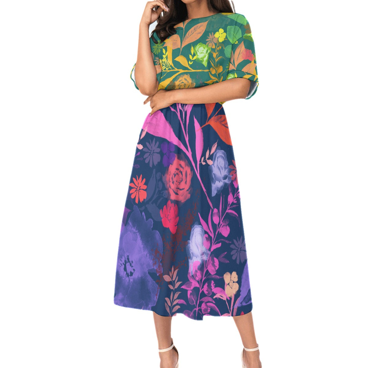 Multicolor Flowers Blue & Green Women's Elastic Waist Dress. Design hand-painted by the Designer Maria Alejandra