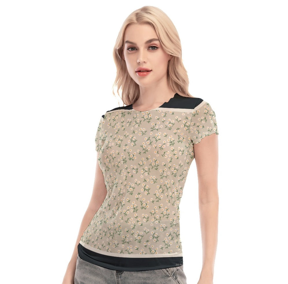 Super Bloom Collection Women's Short Sleeve Mesh Blouse. Pattern hand-painted by the Designer Maria Alejandra Echenique