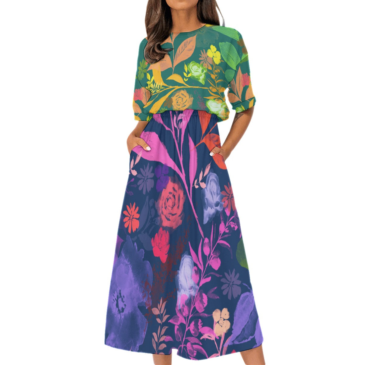 Multicolor Flowers Blue & Green Women's Elastic Waist Dress. Design hand-painted by the Designer Maria Alejandra
