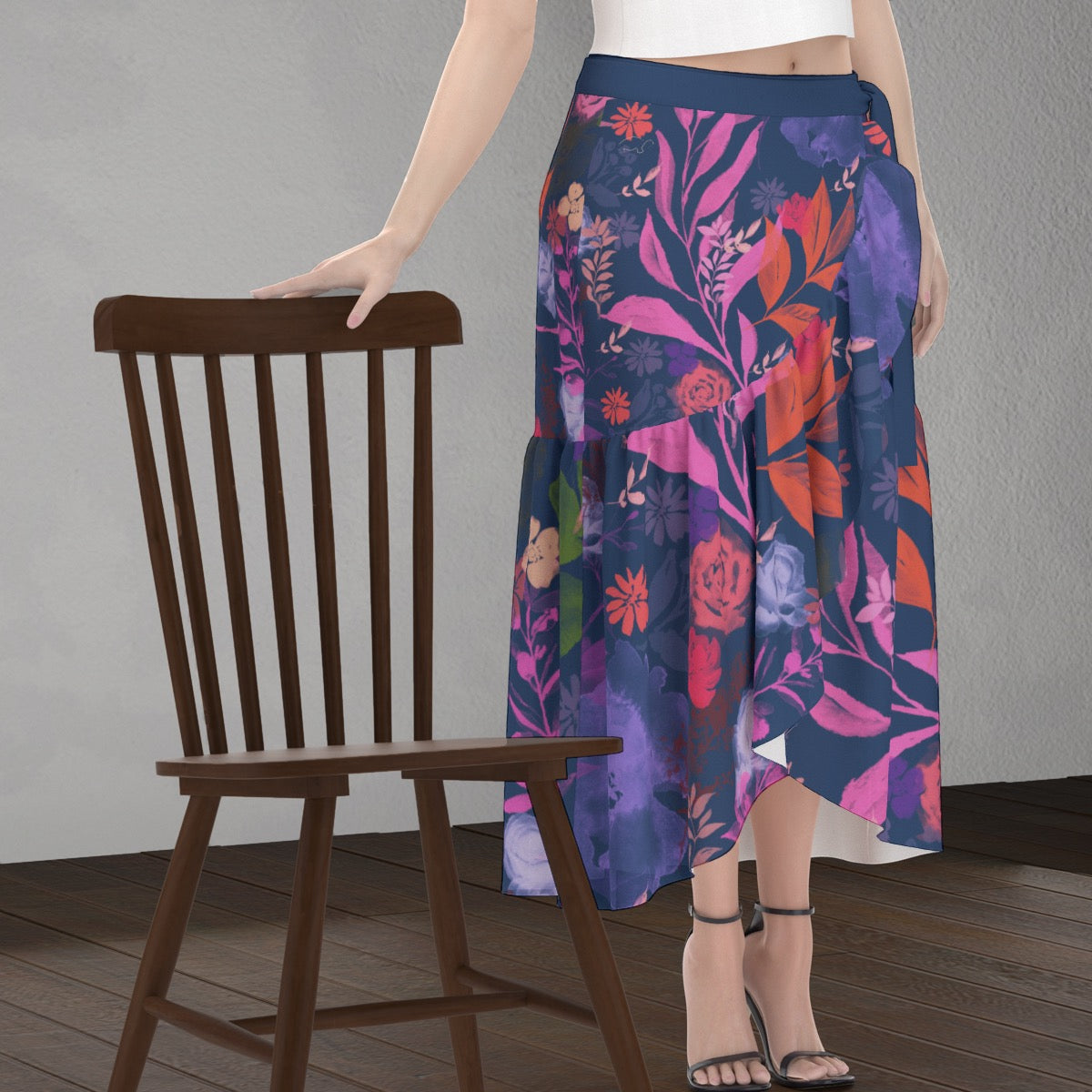 Multicolor Flowers Blue Women's Wrap Skirt. Houston Collection. Design hand-painted by the Designer