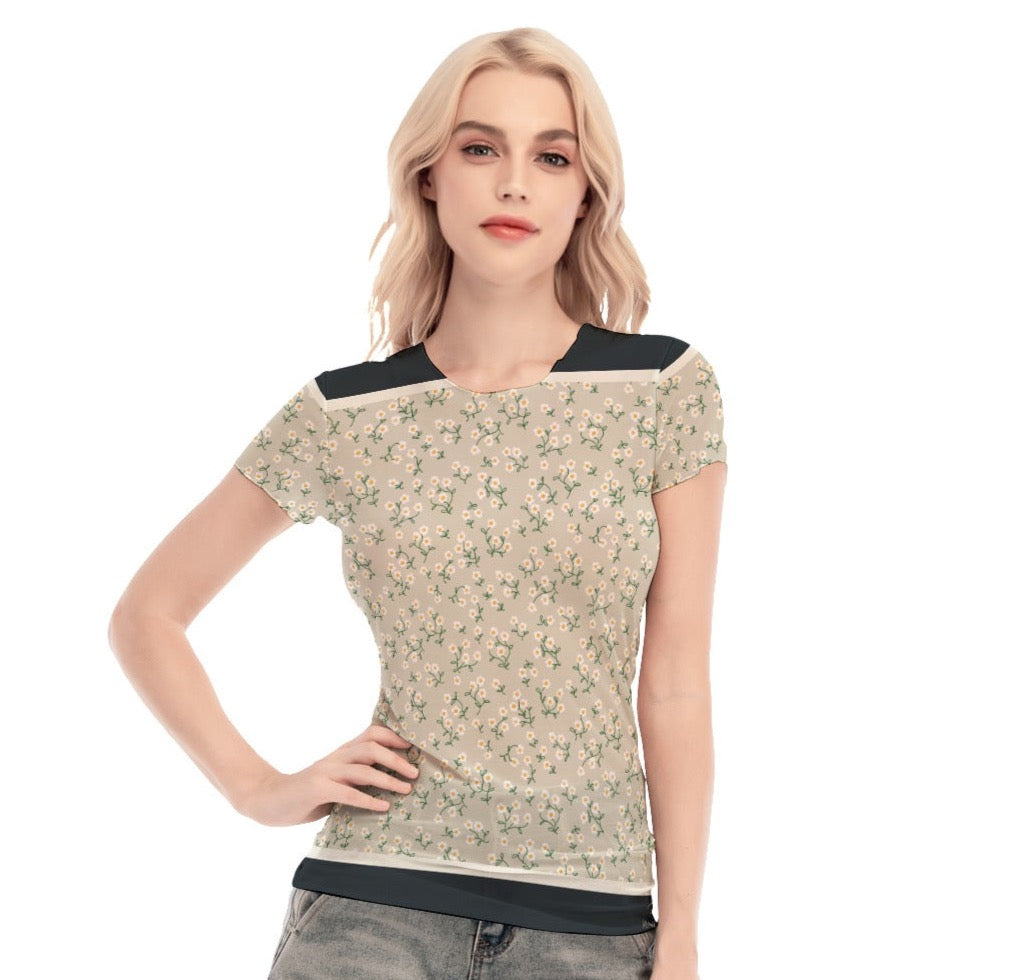 Super Bloom Collection Women's Short Sleeve Mesh Blouse. Pattern hand-painted by the Designer Maria Alejandra Echenique