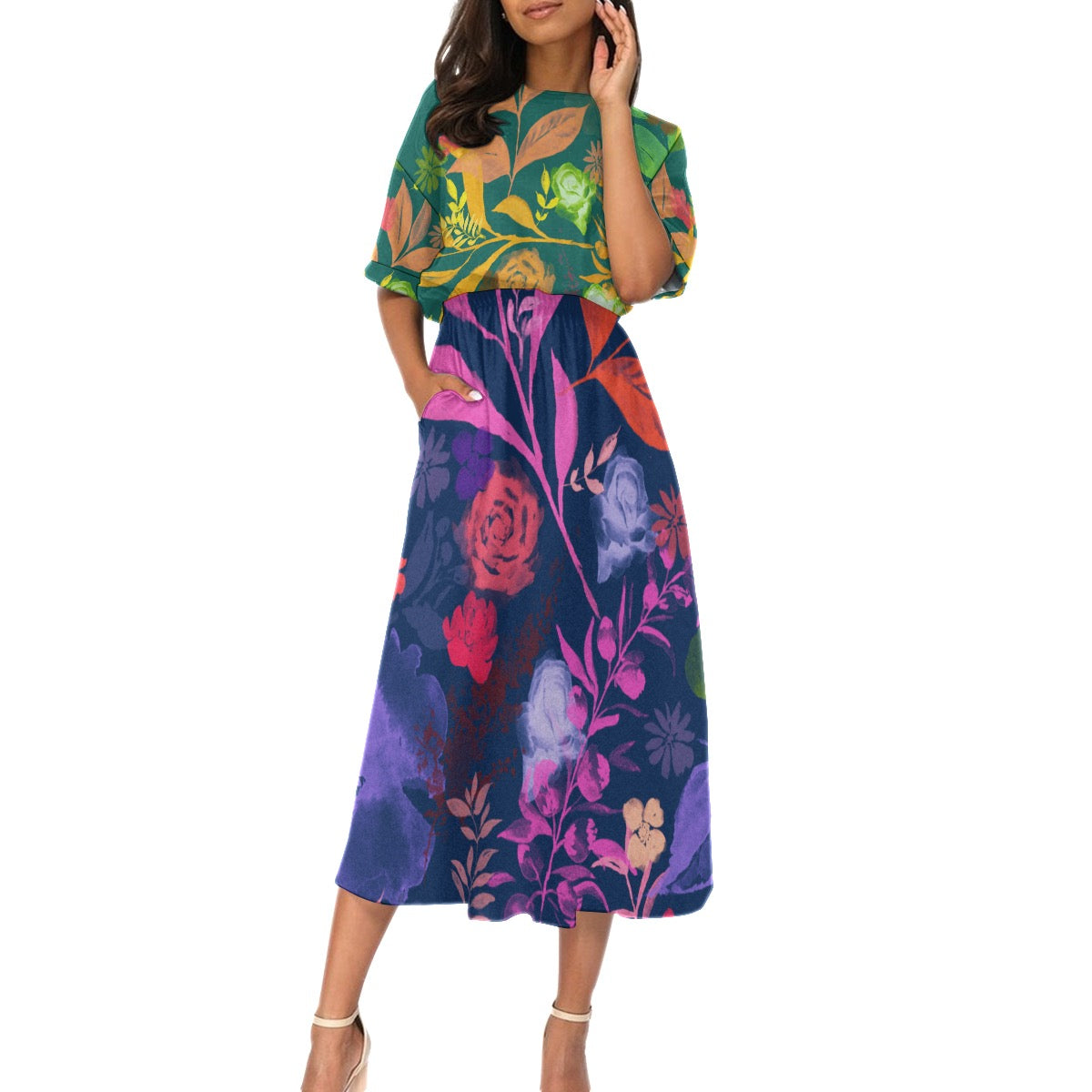 Multicolor Flowers Blue & Green Women's Elastic Waist Dress. Design hand-painted by the Designer Maria Alejandra