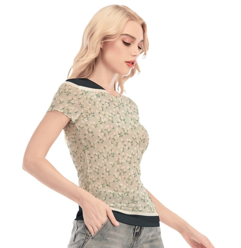 Super Bloom Collection Women's Short Sleeve Mesh Blouse. Pattern hand-painted by the Designer Maria Alejandra Echenique
