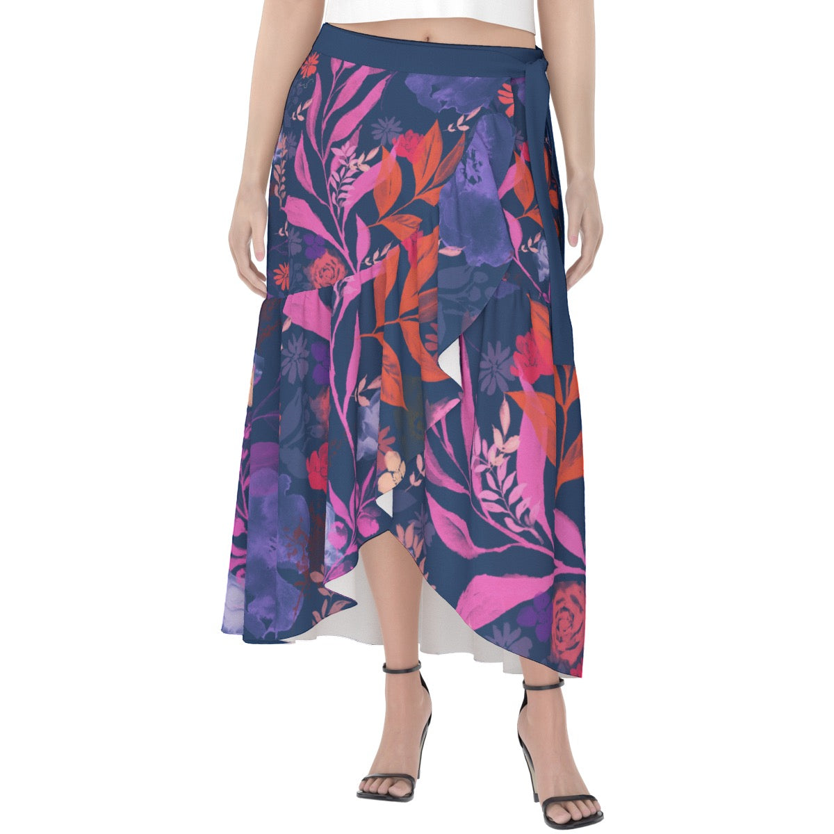 Multicolor Flowers Blue Women's Wrap Skirt. Houston Collection. Design hand-painted by the Designer