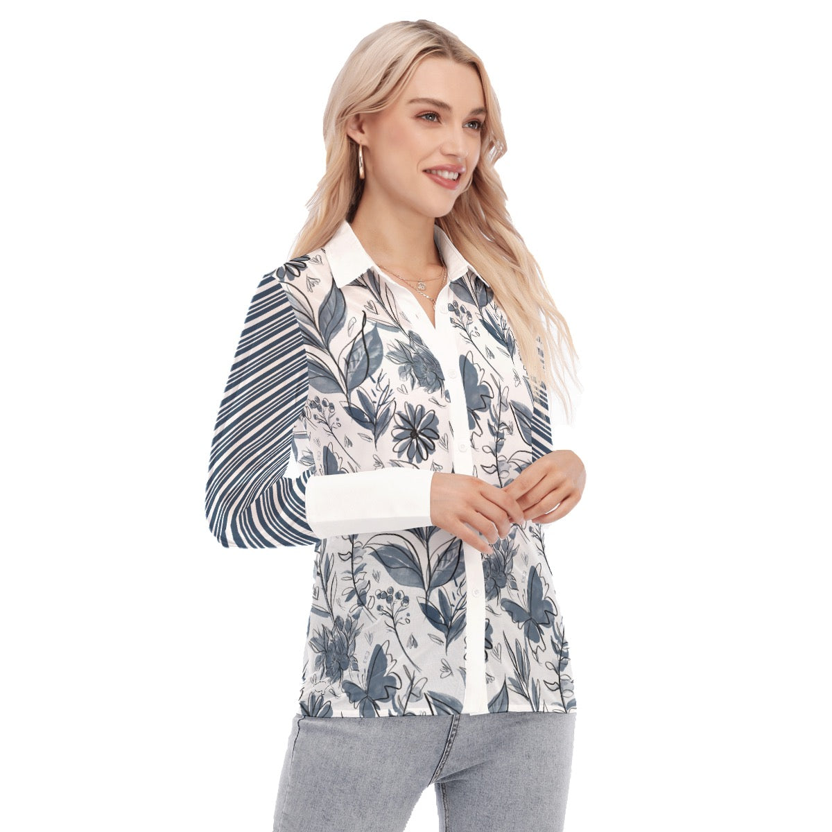 Watercolor blue and white Women's Mesh Blouse. Design hand-painted by the Designer Maria Alejandra E