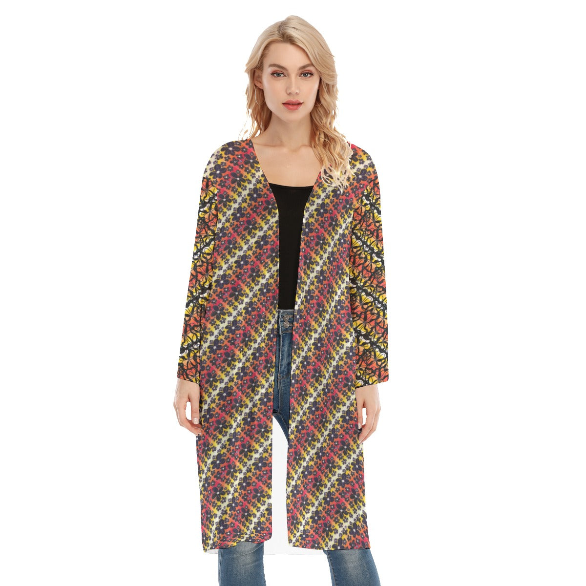 Degrade Flowers Long Sleeve Mesh Cardigan. Mesh kimono. cover up. Design hand-painted by the Designe
