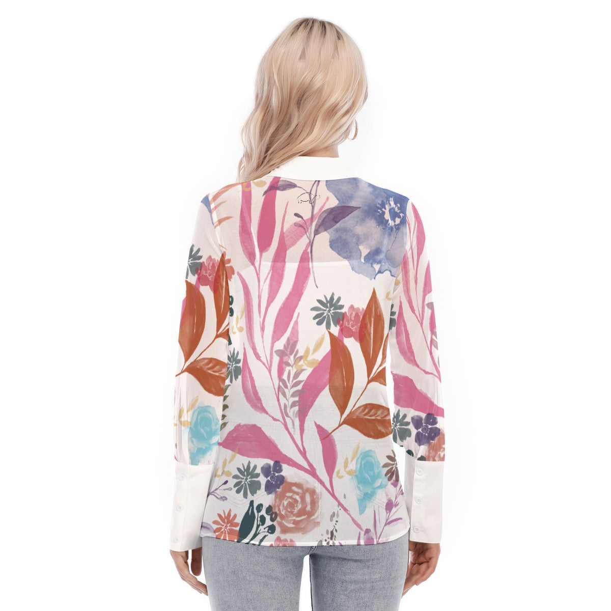 Multicolor Flowers White Women's Mesh Blouse. Design hand-painted by the Designer Maria Alejandra Ec