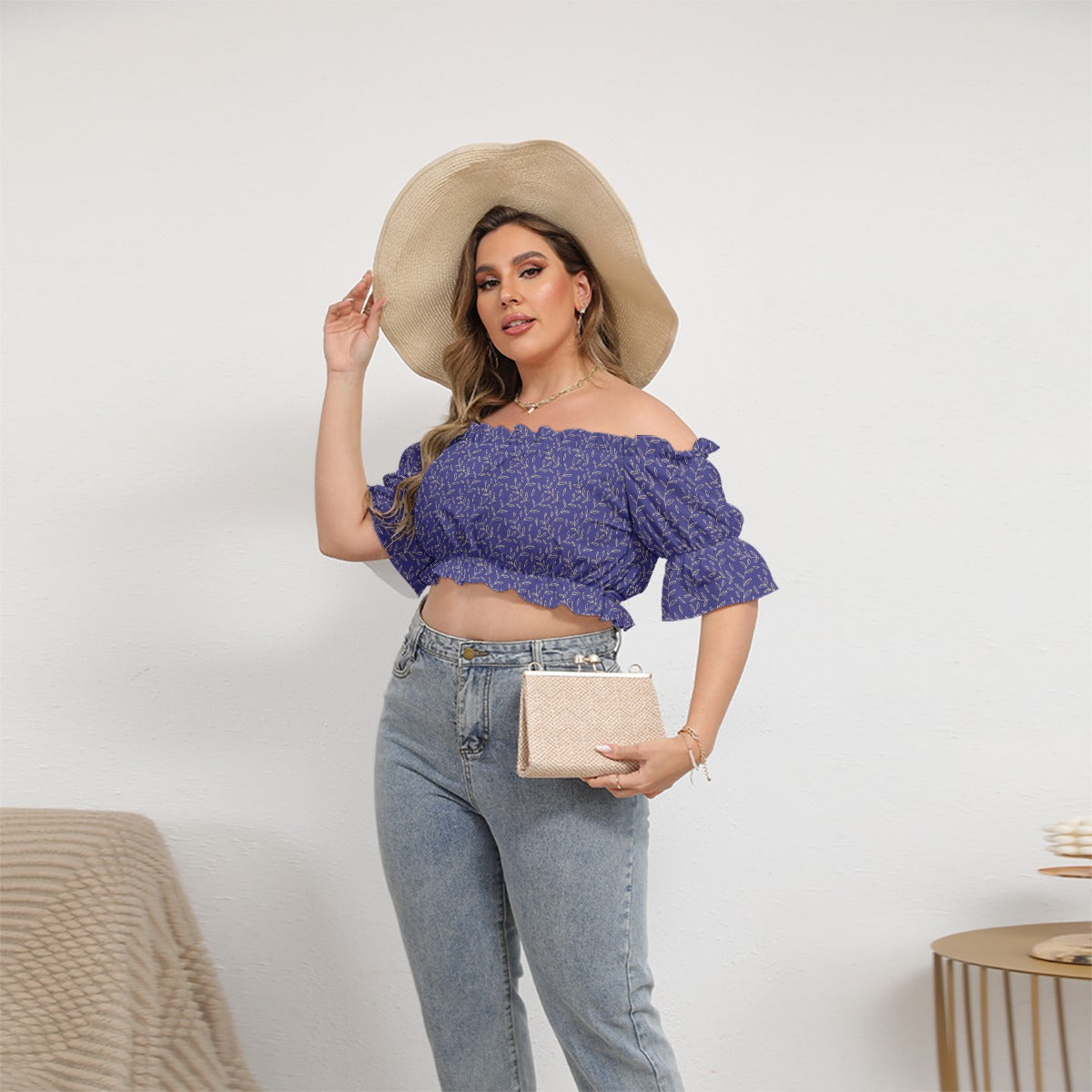 Super Bloom Collection Beige Leaves in Blue Women's Off-shoulder Cropped Top With Short Puff Sleeve. Pattern hand-painted by the Designer Maria Alejandra Echenique