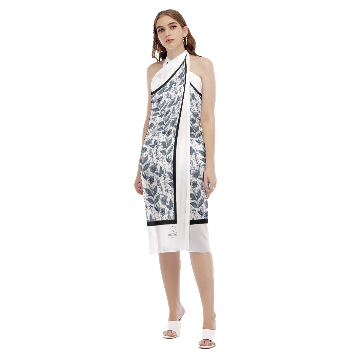 Watercolor white and Blue Beach Dress. Design hand-painted by the Designer Maria Alejandra Echenique
