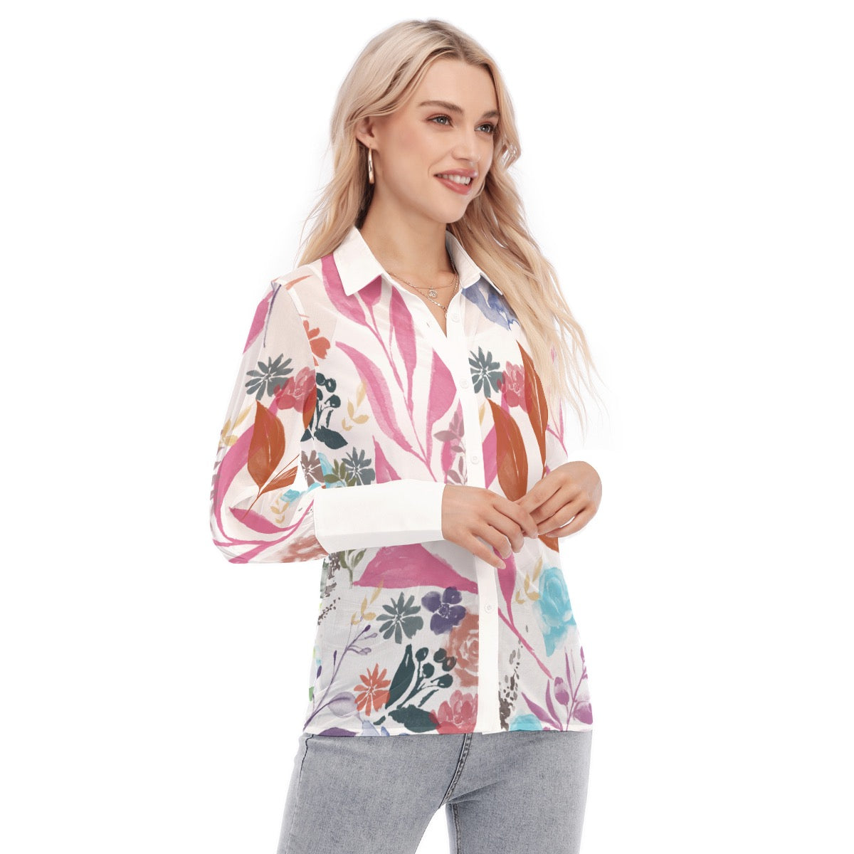 Multicolor Flowers White Women's Mesh Blouse. Design hand-painted by the Designer Maria Alejandra Ec
